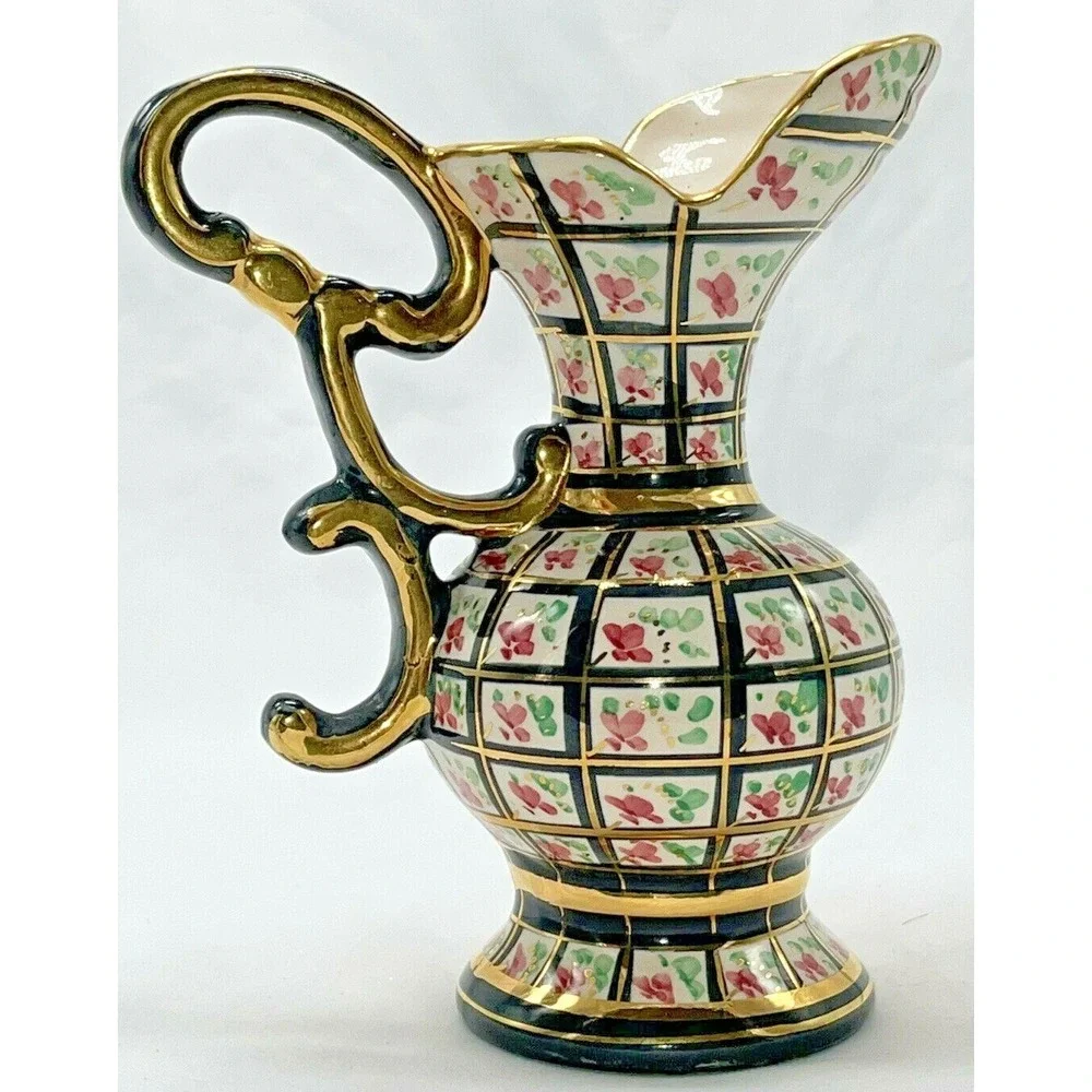 Vintage H Bequet #317 Hand Painted Belgium Pitcher Vase  Pink Floral Gold Black